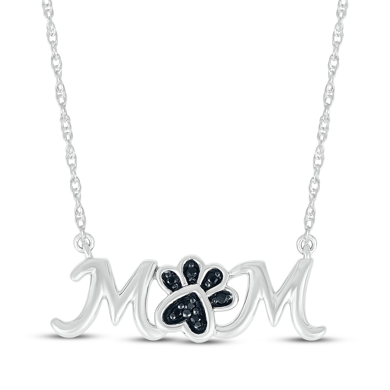 Black Diamond Accent "Mom" Paw Print Necklace Sterling Silver 18"