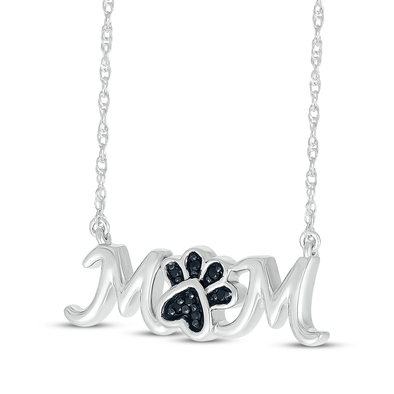 Black Diamond Accent "Mom" Paw Print Necklace Sterling Silver 18"
