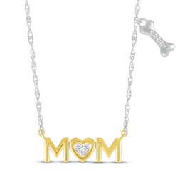 Diamond "Mom" Heart & Dog Bone Necklace 1/20 ct tw Sterling Silver & 10K Yellow Gold 18"