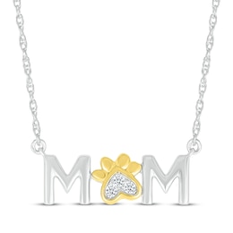 Diamond Accent "Mom" Paw Print Necklace Sterling Silver & 10K Yellow Gold 18"