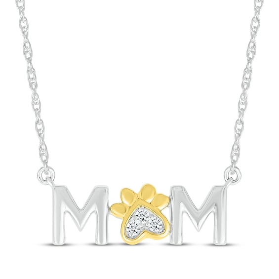 Diamond Accent "Mom" Paw Print Necklace Sterling Silver & 10K Yellow Gold 18"