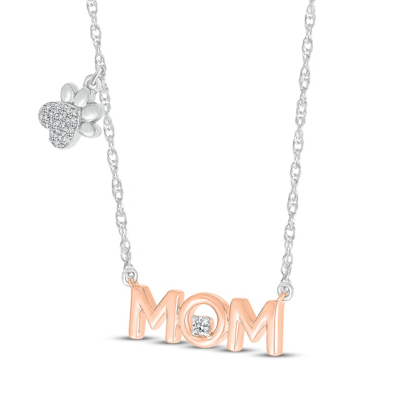 Main Image 2 of Diamond &quot;Mom&quot; Heart & Paw Print Charm Necklace 1/15 ct tw Sterling Silver & 10K Rose Gold 18&quot;