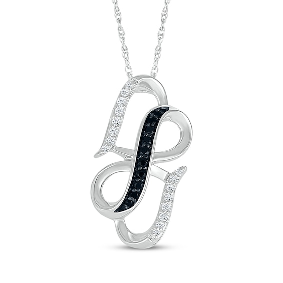 Black & White Diamond Double Heart Vertical Necklace 1/8 ct tw Sterling Silver 18"