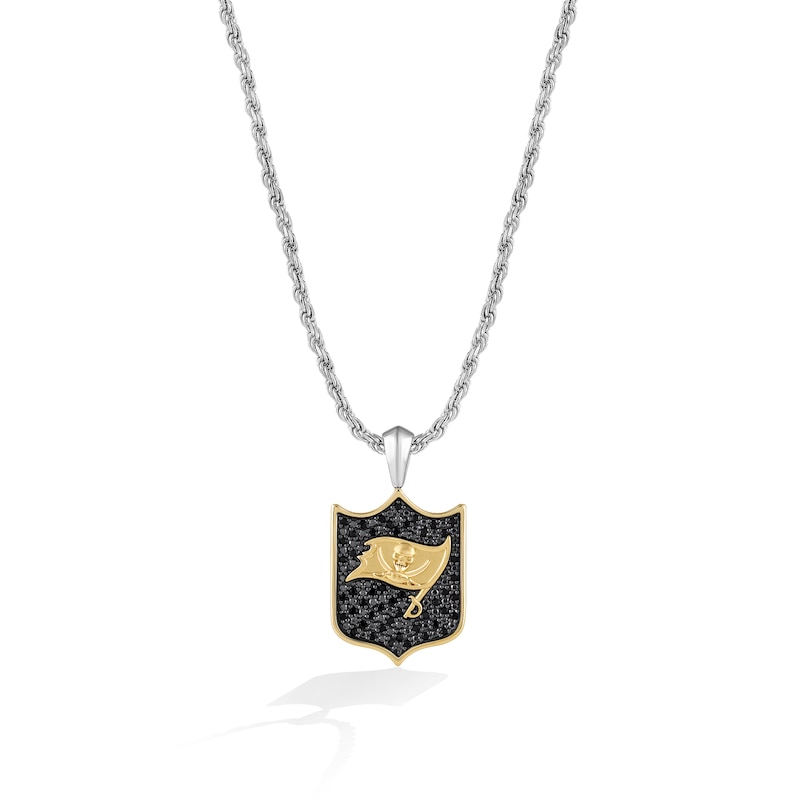 Main Image 1 of True Fans Tampa Bay Buccaneers 3/8 CT. T.W. Black Diamond and Enamel Reversible Shield Necklace in 10K Yellow Gold & Sterling Silver