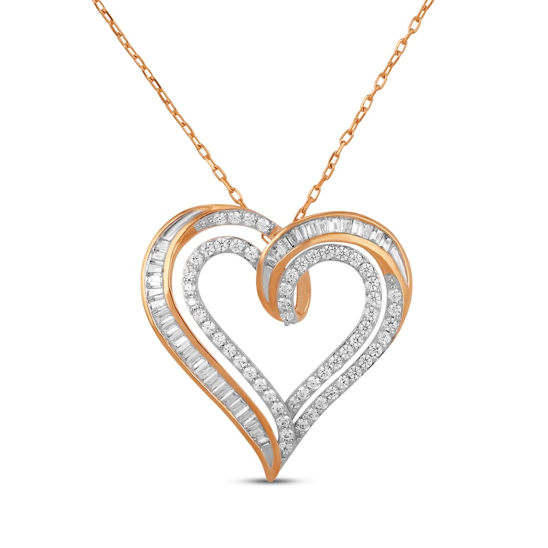Baguette & Round-Cut Diamond Open Heart Necklace 1 ct tw 10K Rose Gold 18"
