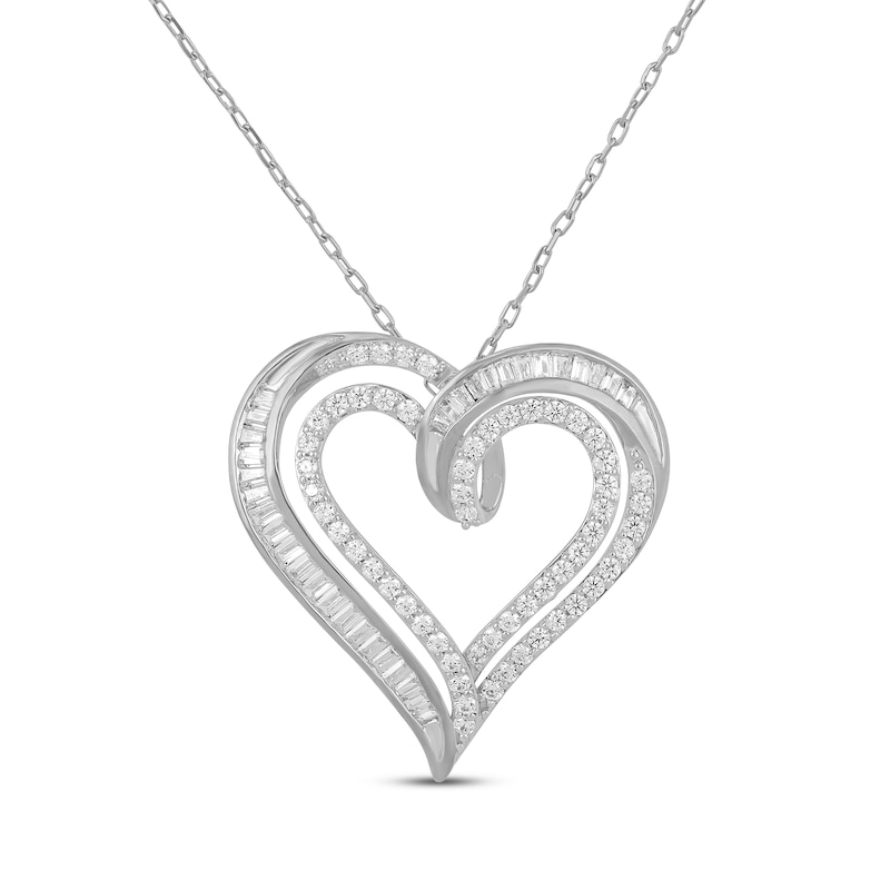 Main Image 1 of Baguette & Round-Cut Diamond Open Heart Necklace 1 ct tw 10K White Gold 18&quot;