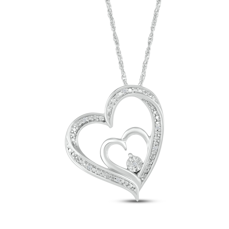 Diamond Accent Tilted Double Heart Necklace Sterling Silver 18"