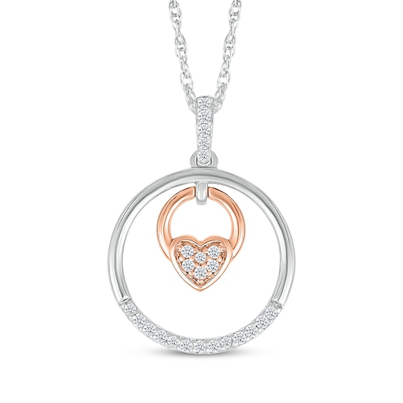 Diamond Circle Frame Heart Doorknocker Necklace 1/10 ct tw 10K Rose Gold & Sterling Silver 18"