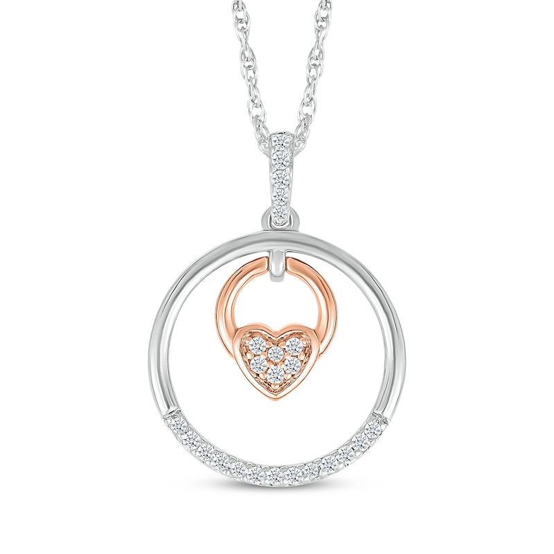 Main Image 1 of Diamond Circle Frame Heart Doorknocker Necklace 1/10 ct tw 10K Rose Gold & Sterling Silver 18"