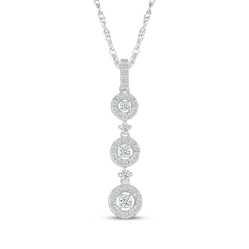 Main Image 1 of Diamond Three-Stone Halo Drop Necklace 1/4 ct tw 10K White Gold 18&quot;