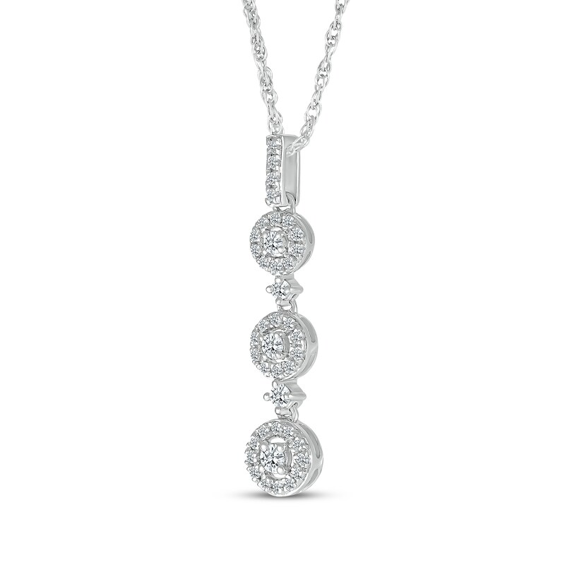 Main Image 2 of Diamond Three-Stone Halo Drop Necklace 1/4 ct tw 10K White Gold 18&quot;