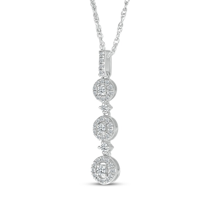 Diamond Three-Stone Halo Drop Necklace 1/4 ct tw 10K White Gold 18"