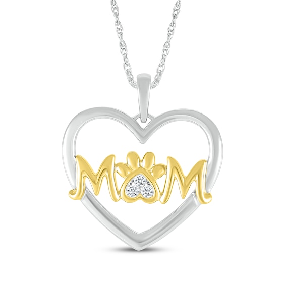 Diamond Accent Paw Print "Mom" Heart Necklace Sterling Silver & 10K Yellow Gold 18"