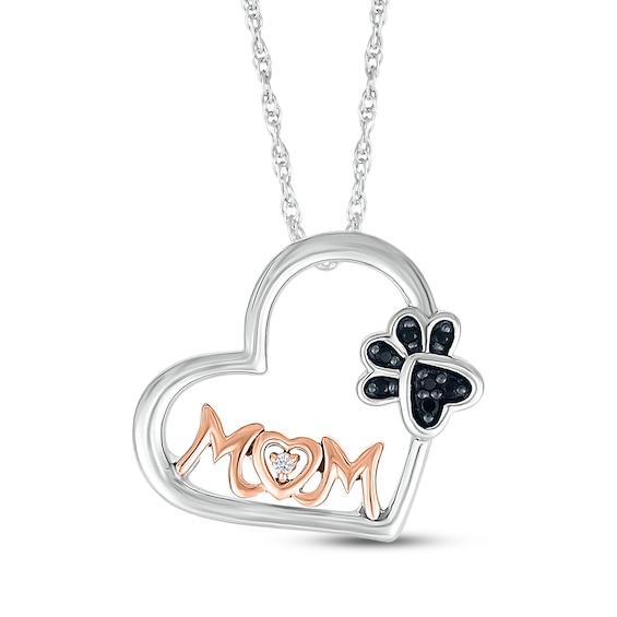 Black & White Diamond Paw Print "Mom" Heart Necklace 1/20 ct tw Sterling Silver & 10K Rose Gold 18"