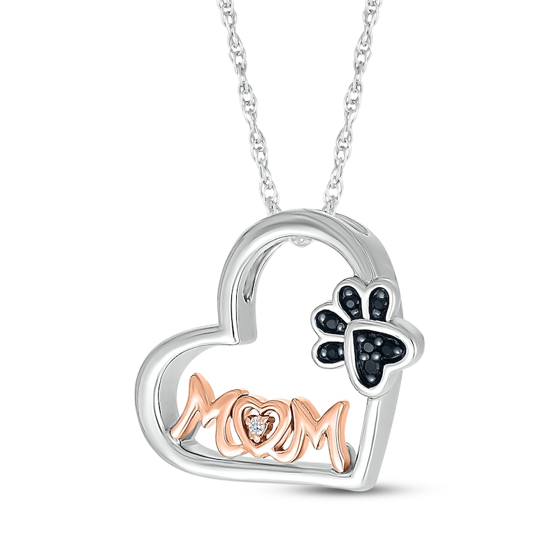 Main Image 2 of Black & White Diamond Paw Print &quot;Mom&quot; Heart Necklace 1/20 ct tw Sterling Silver & 10K Rose Gold 18&quot;