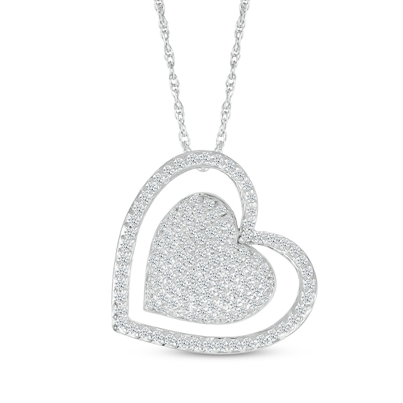 Diamond Domed Double Heart Necklace 1/2 ct tw Sterling Silver 18"