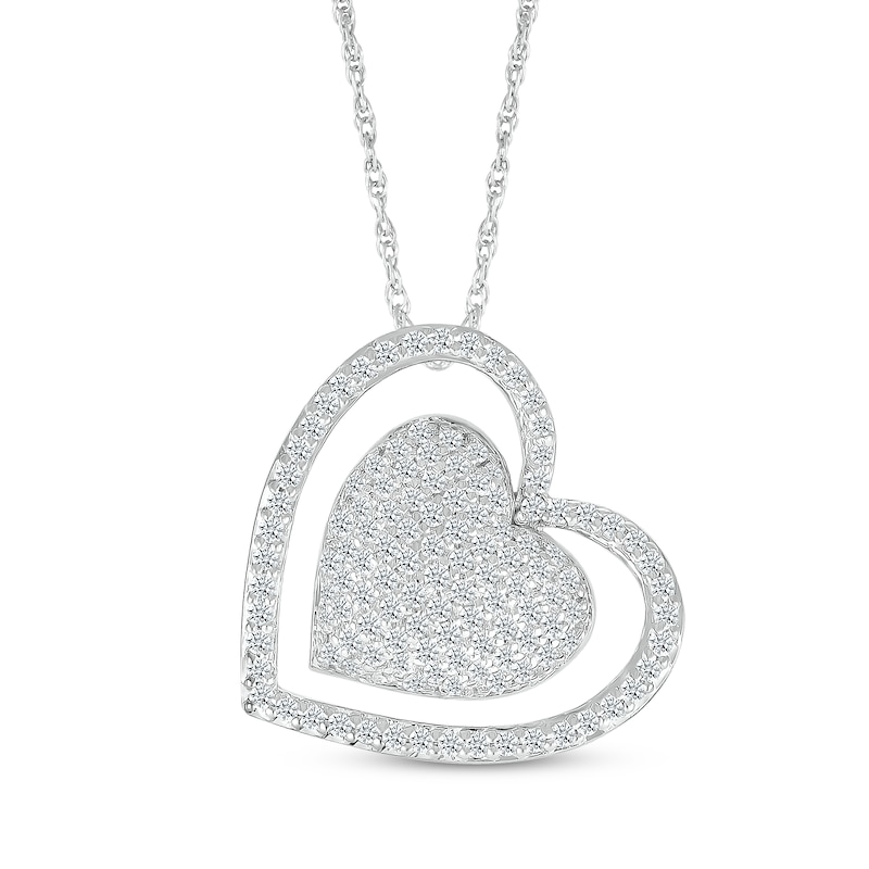 Main Image 1 of Diamond Domed Double Heart Necklace 1/2 ct tw Sterling Silver 18&quot;