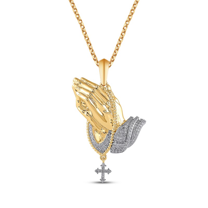 Main Image 1 of Men's White & Black Diamond Praying Hands & Rosary Diamond-Cut Necklace 3/8 ct tw 10K Yellow Gold 22&quot;