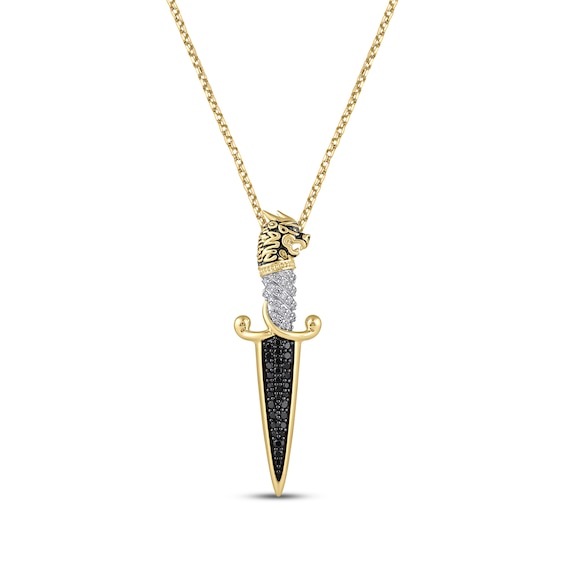 Men's Black & White Diamond Dragon Head Dagger Necklace 3/8 ct tw 10K Yellow Gold 22"