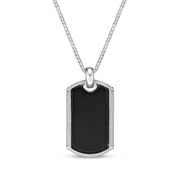Men's Black Agate Dog Tag Necklace Sterling Silver 24"