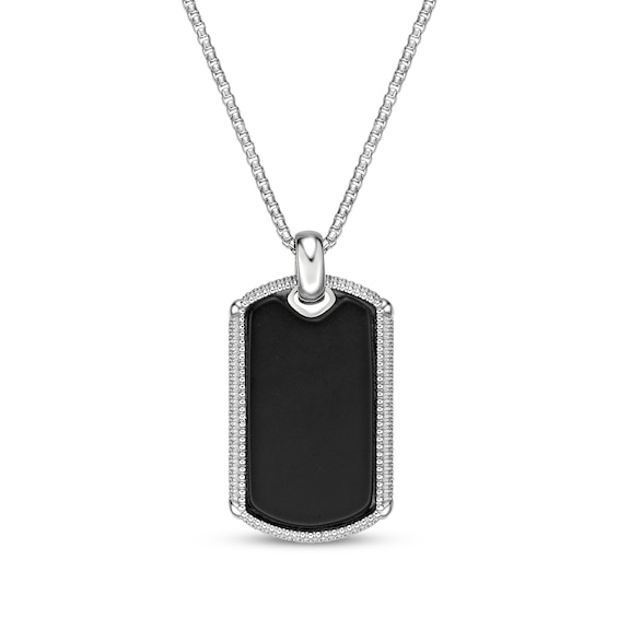 Men's Black Agate Dog Tag Necklace Sterling Silver 24"