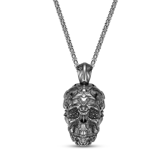 Men's Black Spinel Skull Necklace Sterling Silver 24"