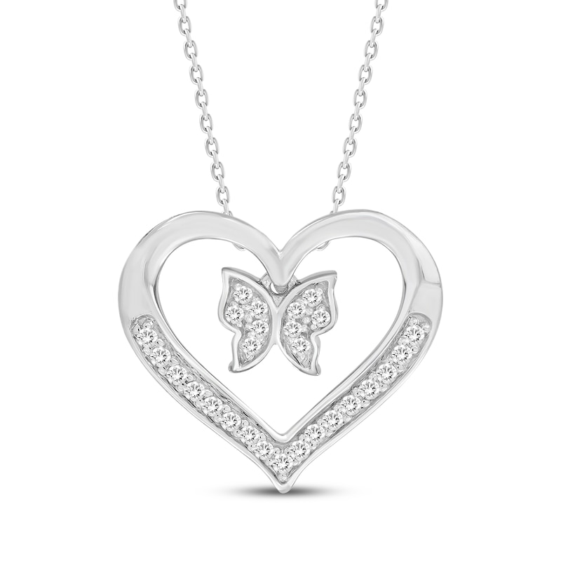 Main Image 1 of Diamond Butterfly & Heart Necklace 1/6 ct tw Sterling Silver 18&quot;