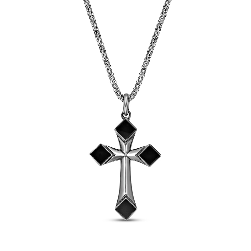Main Image 1 of Men's Black Onyx Cross Necklace Sterling Silver 24&quot;