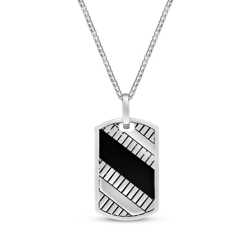 Main Image 1 of Men's Black Onyx Scored Dog Tag Necklace Sterling Silver 24&quot;