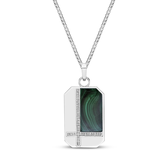 Men's Malachite & White Lab-Created Sapphire Dog Tag Pendant Sterling Silver 24"