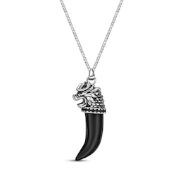 Men's Black Agate & Black Spinel Dragon Head-Topped Horn Necklace Sterling Silver 24"