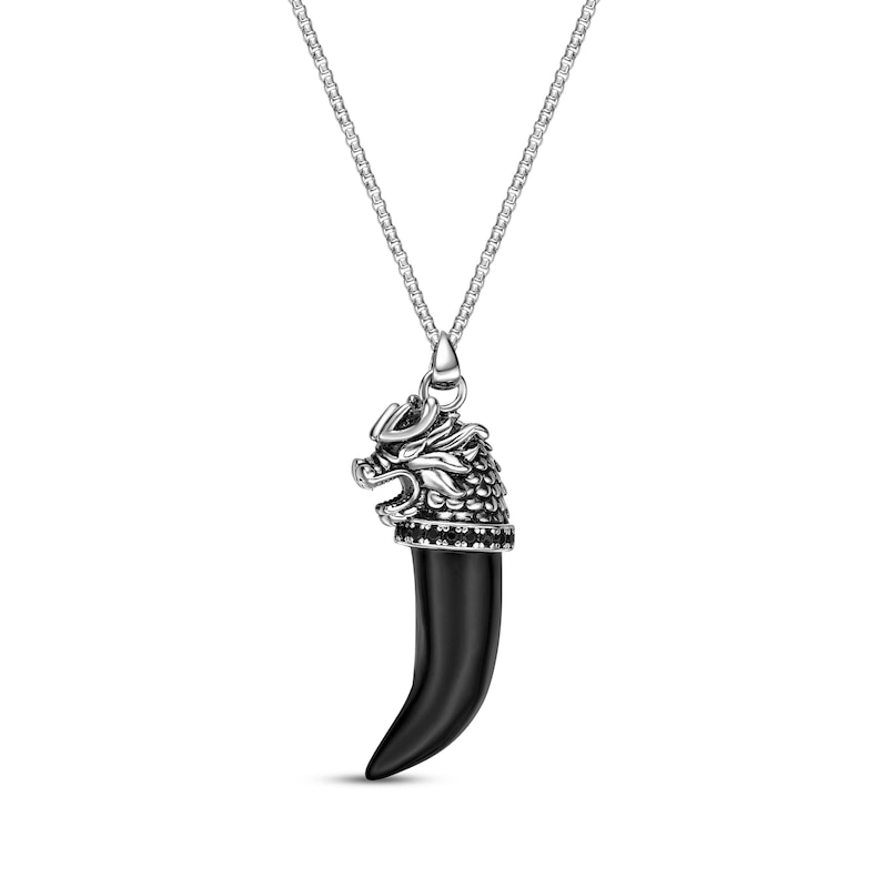 Main Image 1 of Men's Black Agate & Black Spinel Dragon Head-Topped Horn Necklace Sterling Silver 24&quot;