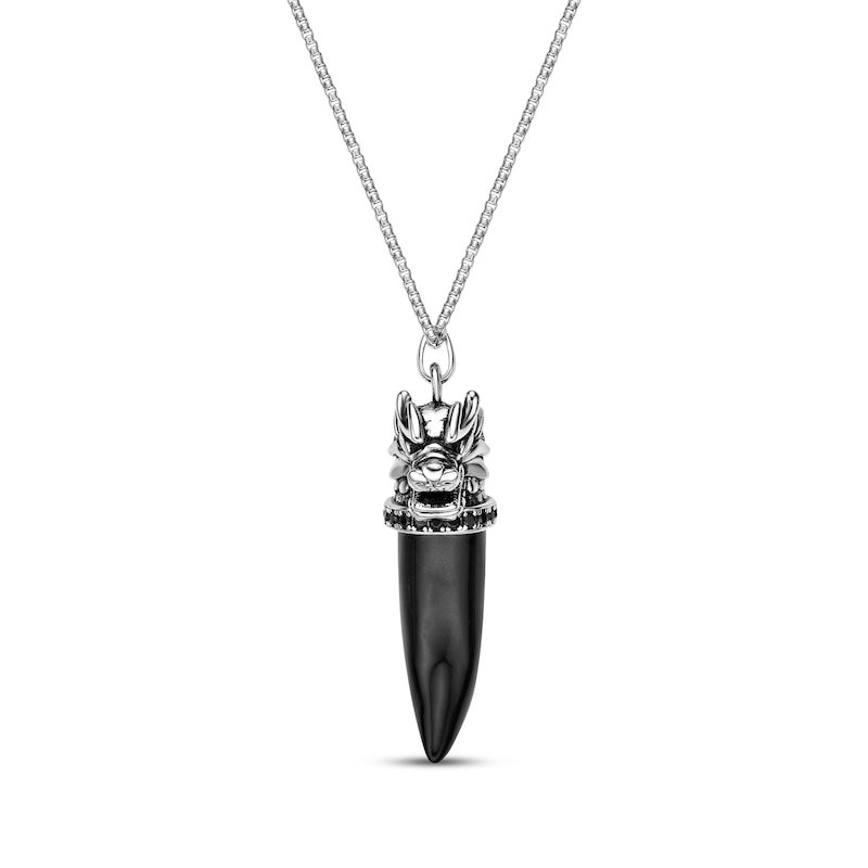 Main Image 2 of Men's Black Agate & Black Spinel Dragon Head-Topped Horn Necklace Sterling Silver 24&quot;