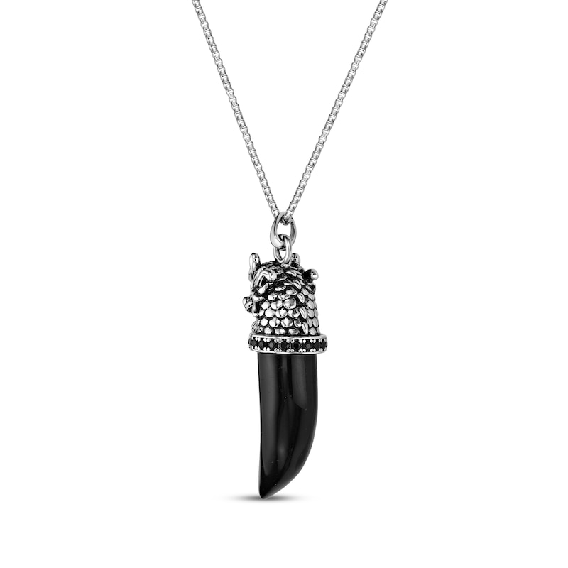 Main Image 3 of Men's Black Agate & Black Spinel Dragon Head-Topped Horn Necklace Sterling Silver 24&quot;