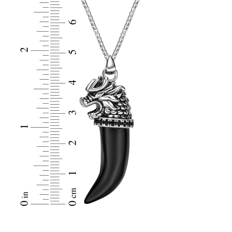 Main Image 6 of Men's Black Agate & Black Spinel Dragon Head-Topped Horn Necklace Sterling Silver 24&quot;