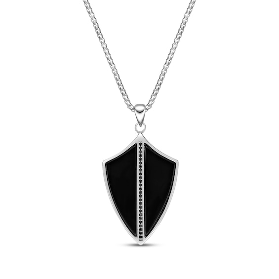Men's Black Agate & Black Spinel Shield Necklace Sterling Silver 24"