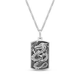 Men's Dragon Dog Tag Necklace Oxidized Sterling Silver 24"
