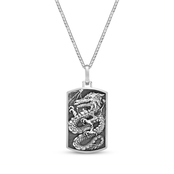 Men's Dragon Dog Tag Necklace Oxidized Sterling Silver 24"
