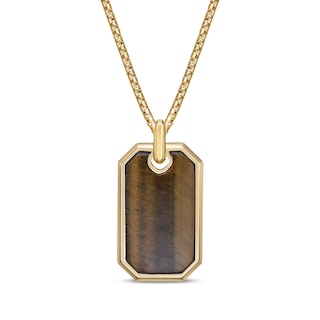 Men's Tiger's Eye Quartz Dog Tag Necklace 14K Yellow Gold-Plated Sterling Silver 24"