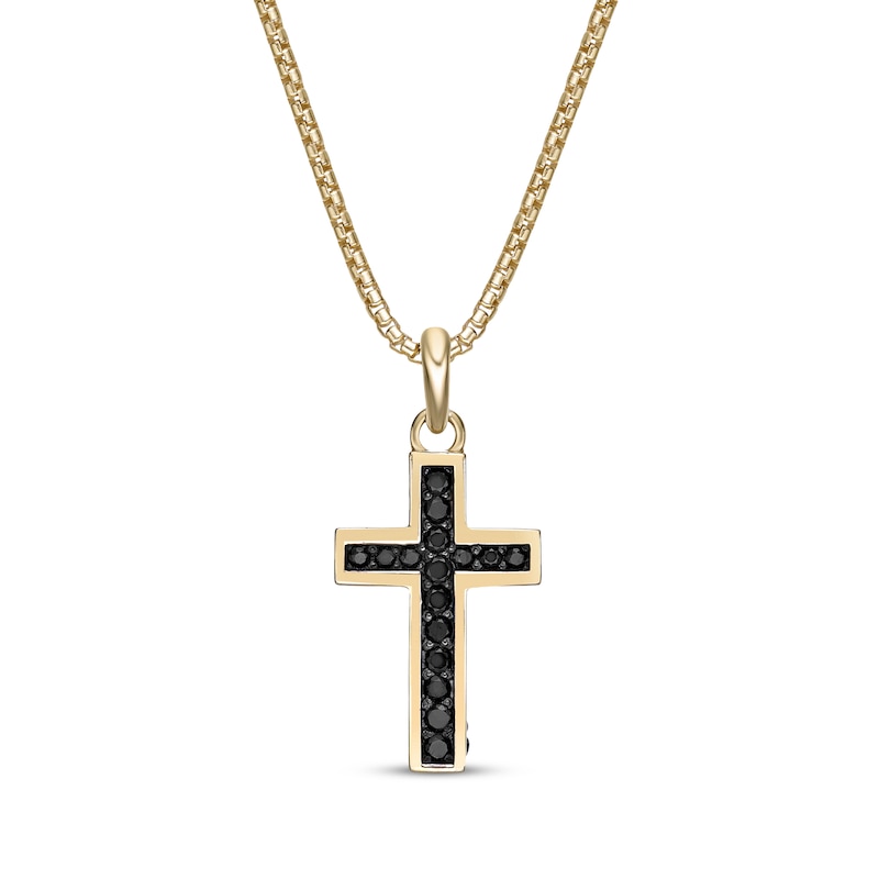 Men's Black Spinel Cross Necklace 14K Yellow Gold-Plated Sterling Silver 24"