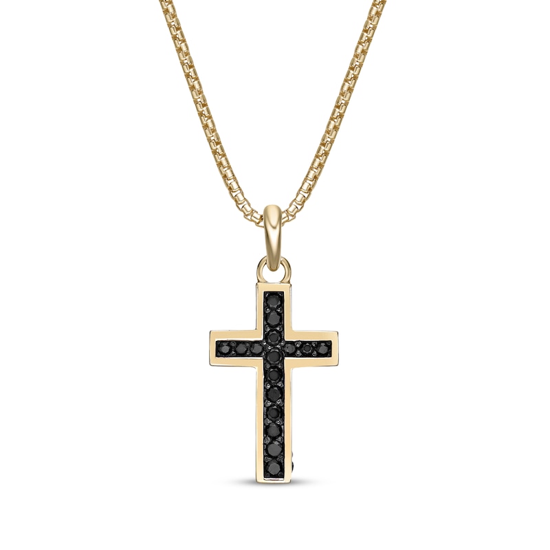 Main Image 1 of Men's Black Spinel Cross Necklace 14K Yellow Gold-Plated Sterling Silver 24&quot;