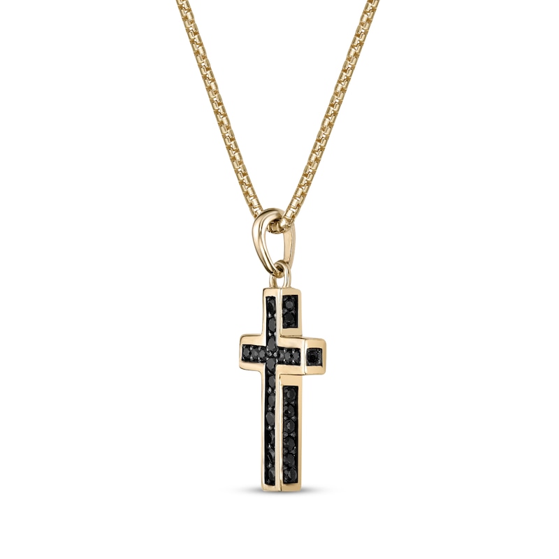 Men's Black Spinel Cross Necklace 14K Yellow Gold-Plated Sterling Silver 24"