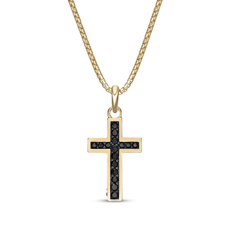 Men's Black Spinel Cross Necklace 14K Yellow Gold-Plated Sterling Silver 24"