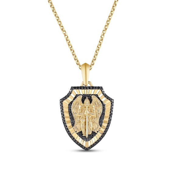 Men's Black Diamond Saint Michael Diamond-Cut Shield Necklace 3/8 ct tw 10K Yellow Gold 22"