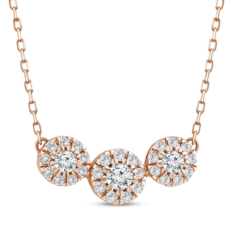 Main Image 1 of Memories, Moments, Magic Diamond Three-Stone Halo Necklace 1/3 ct tw 10K Rose Gold 18.5"