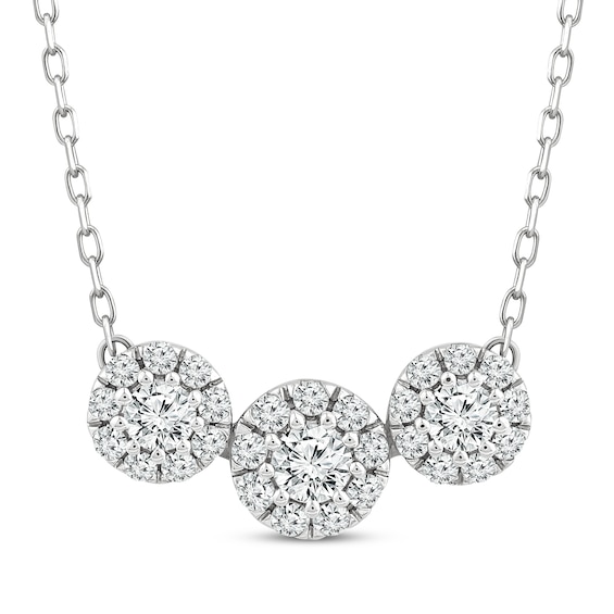 Memories, Moments, Magic Diamond Three-Stone Halo Necklace 1/2 ct tw 10K White Gold 18.75"