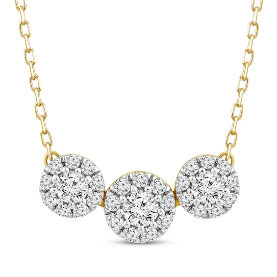 Memories, Moments, Magic Diamond Three-Stone Halo Necklace 1/2 ct tw 10K Yellow Gold 18.75"