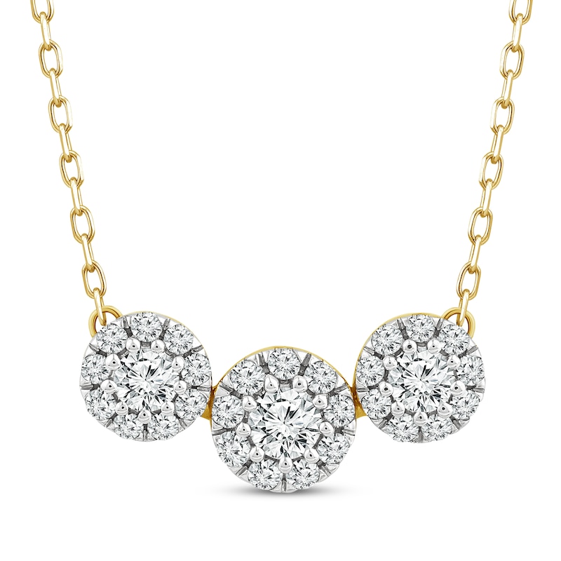 Main Image 1 of Memories, Moments, Magic Diamond Three-Stone Halo Necklace 1/2 ct tw 10K Yellow Gold 18.75&quot;