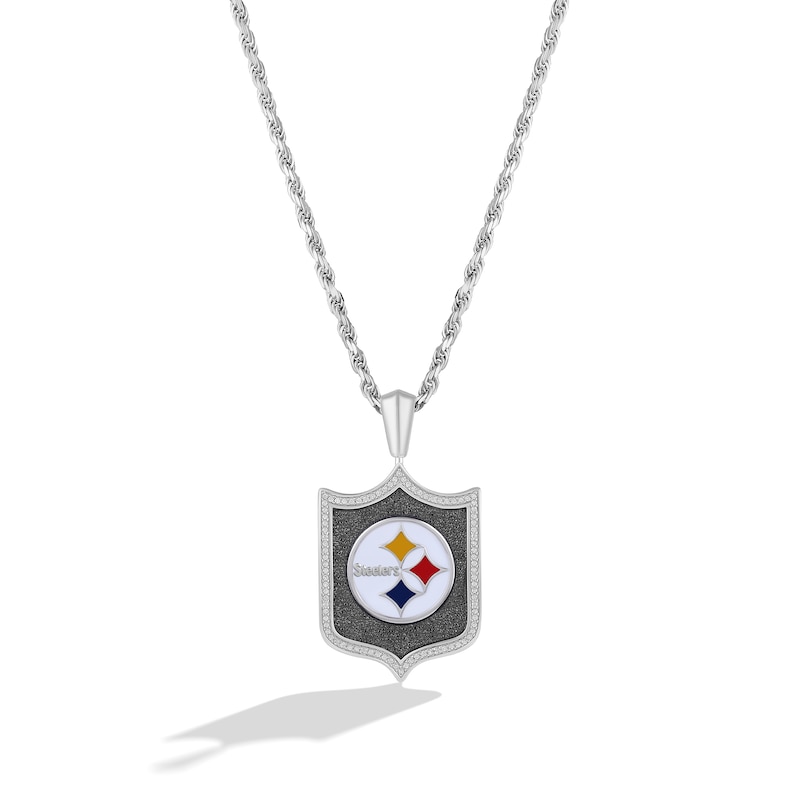 Main Image 1 of True Fans Pittsburgh Steelers 1/5 CT. T.W. Diamond and Enamel Reversible Shield Necklace in Sterling Silver