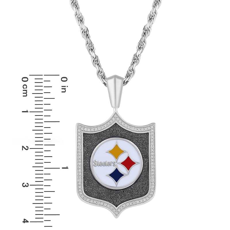 Main Image 3 of True Fans Pittsburgh Steelers 1/5 CT. T.W. Diamond and Enamel Reversible Shield Necklace in Sterling Silver